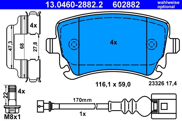 Bromsbeläggsats, Bakaxel Ate 13.0460-2882.2 ATE