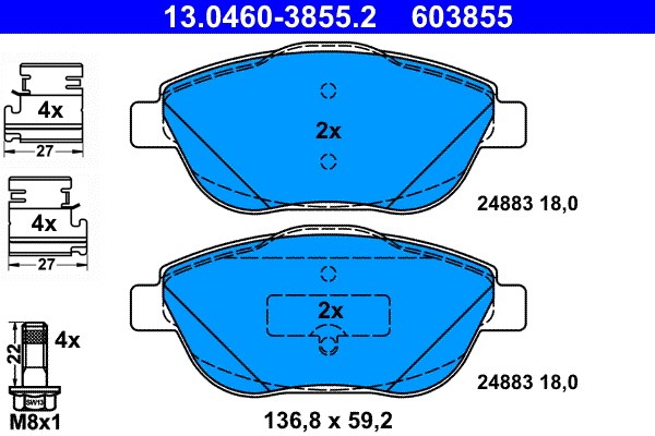 Bromsbeläggsats Ventilerad, Framaxel Ate 13.0460-3855.2 ATE