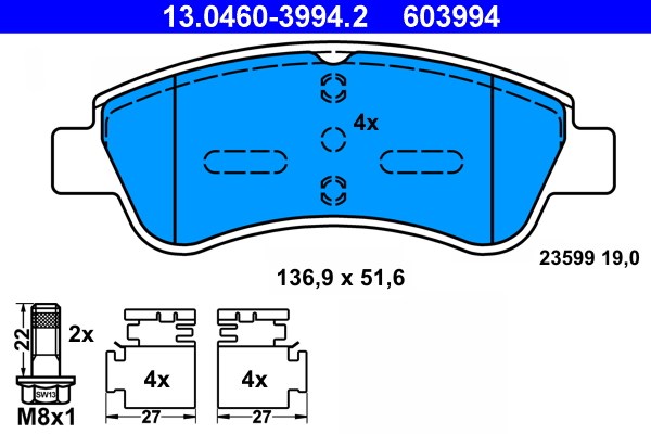 Bromsbeläggsats Ventilerad, Framaxel Ate 13.0460-3994.2 ATE