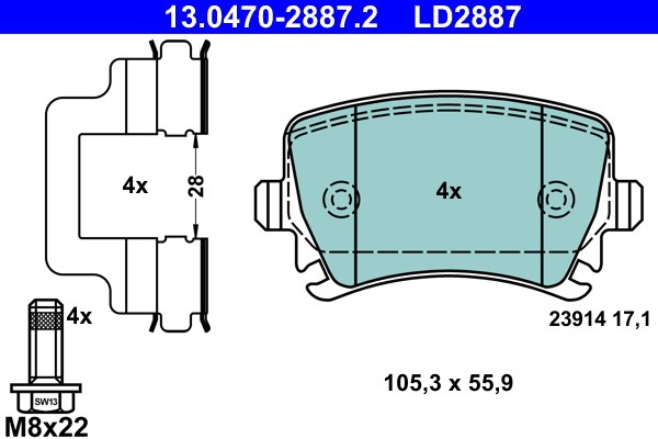 Bromsbeläggsats, Bakaxel Ate Ate ceramic 13.0470-2887.2 ATE