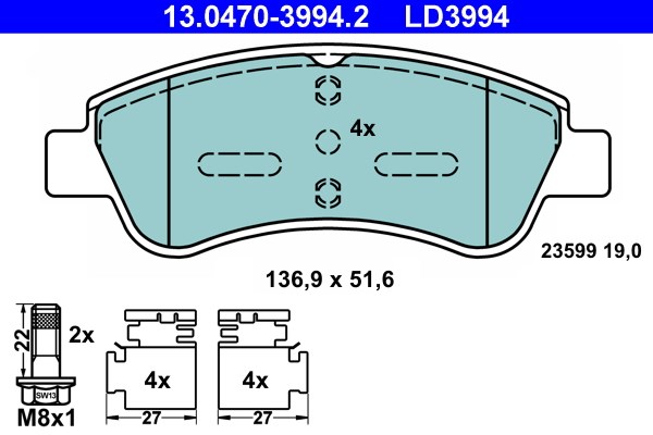 Bromsbeläggsats Ventilerad, Framaxel Ate 13.0470-3994.2 ATE