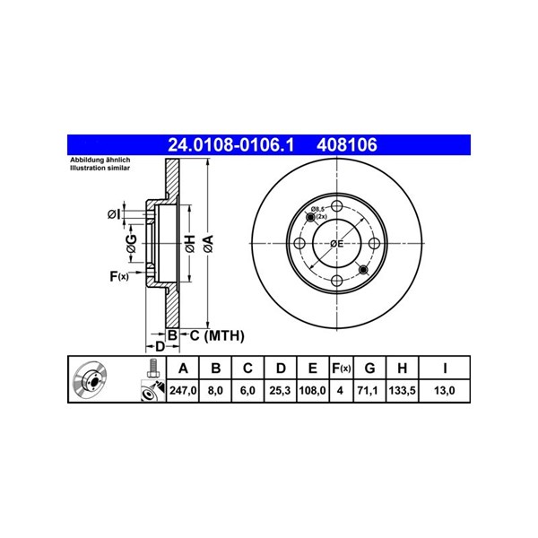 Bromsskiva Solid, Bakaxel Ate 24.0108-0106.1 ATE