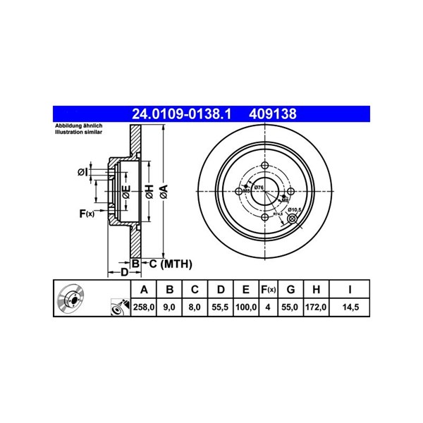 Bromsskiva Solid, Bakaxel Ate 24.0109-0138.1 ATE