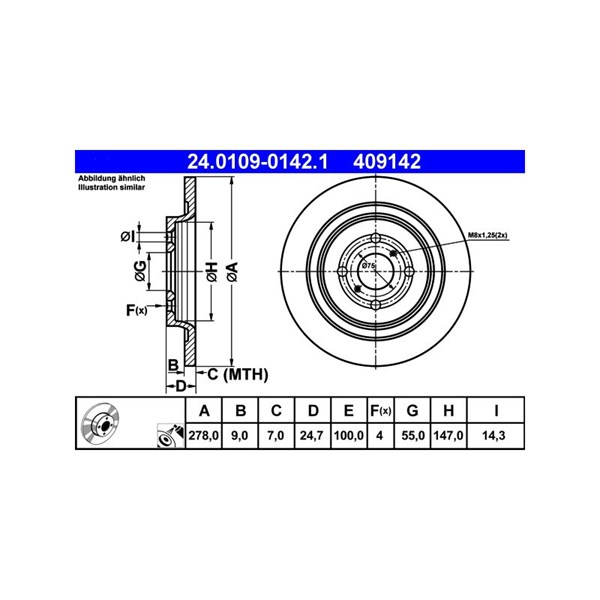 Bromsskiva Solid, Bakaxel Ate 24.0109-0142.1 ATE