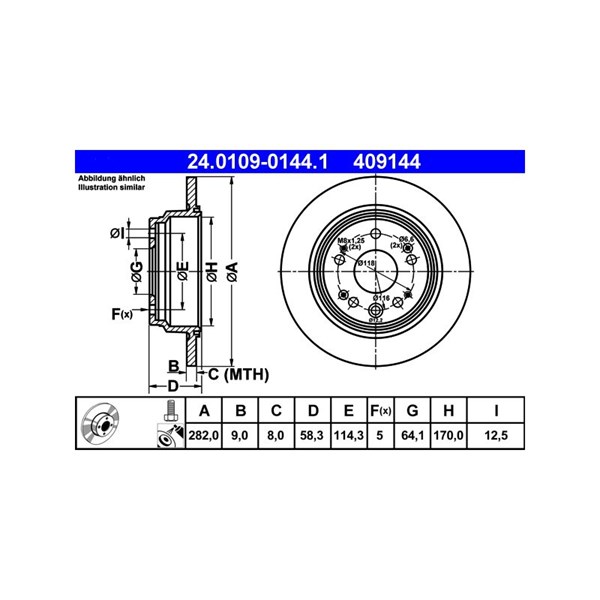Bromsskiva Solid, Bakaxel Ate 24.0109-0144.1 ATE