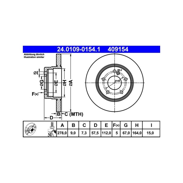 Bromsskiva Solid, Bakaxel Ate 24.0109-0154.1 ATE