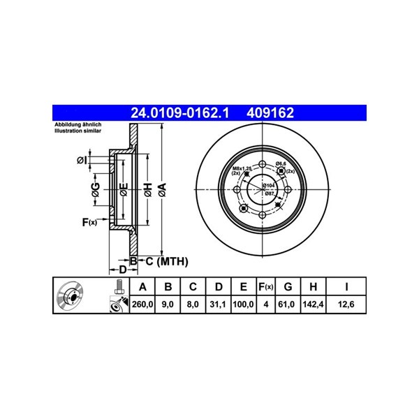 Bromsskiva Solid, Bakaxel Ate 24.0109-0162.1 ATE Bromsskiva Solid, Bakaxel Ate 24.0109-0162.1 ATE