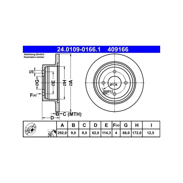 Bromsskiva Solid, Bakaxel Ate 24.0109-0166.1 ATE