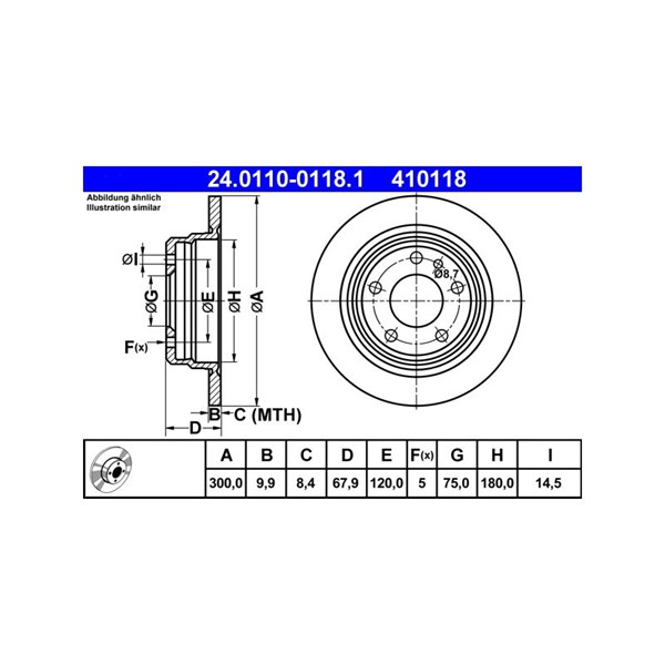 Bromsskiva Solid, Bakaxel Ate 24.0110-0118.1 ATE
