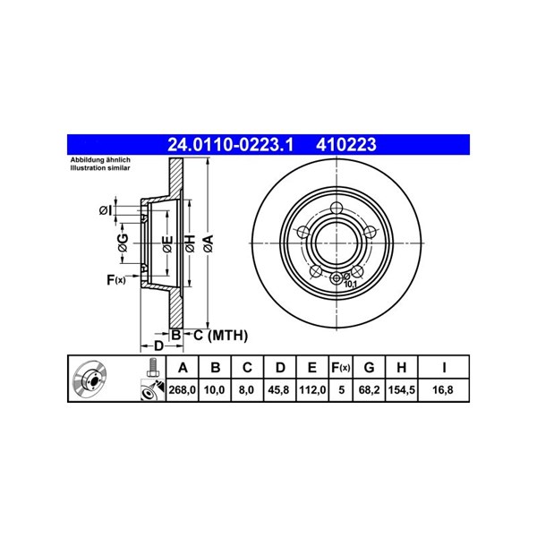 Bromsskiva Solid, Bakaxel Ate 24.0110-0223.1 ATE