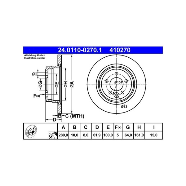 Bromsskiva Solid, Bakaxel Ate 24.0110-0270.1 ATE Bromsskiva Solid, Bakaxel Ate 24.0110-0270.1 ATE