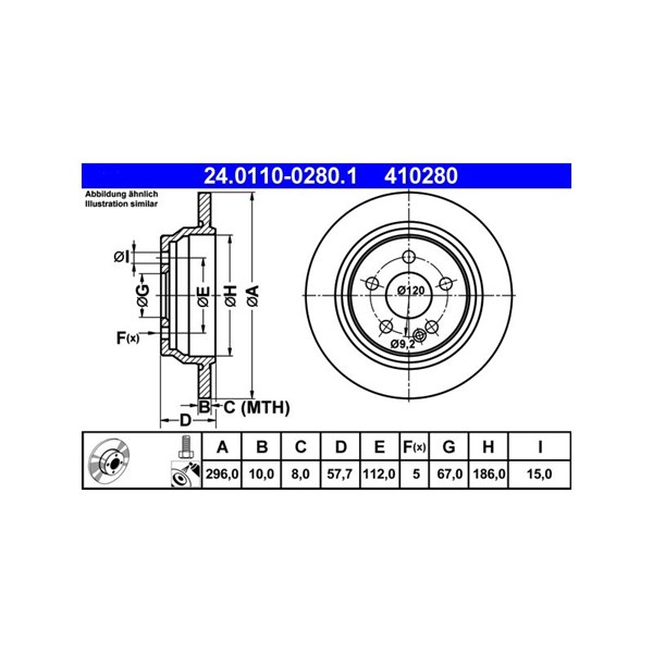Bromsskiva Solid, Bakaxel Ate 24.0110-0280.1 ATE