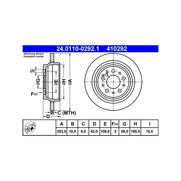 Bromsskiva Solid, Bakaxel Ate 24.0110-0292.1 ATE Bromsskiva Solid, Bakaxel Ate 24.0110-0292.1 ATE