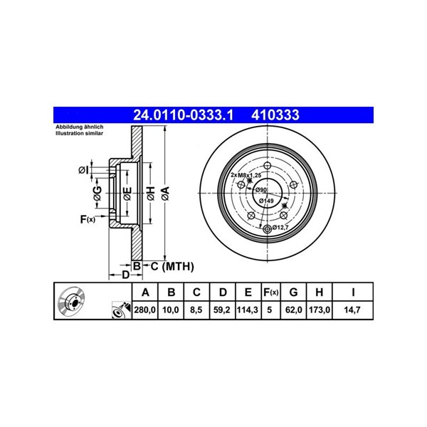 Bromsskiva Solid, Bakaxel Ate 24.0110-0333.1 ATE