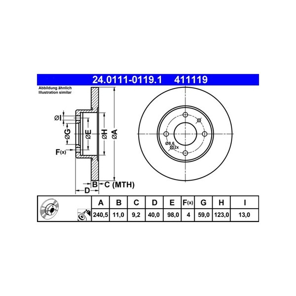Bromsskiva Solid, Bakaxel, Framaxel Ate 24.0111-0119.1 ATE