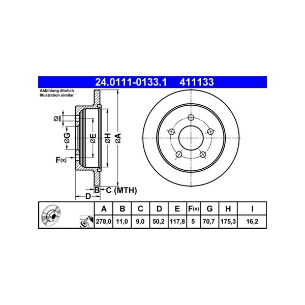 Bromsskiva Solid, Bakaxel Ate 24.0111-0133.1 ATE Bromsskiva Solid, Bakaxel Ate 24.0111-0133.1 ATE