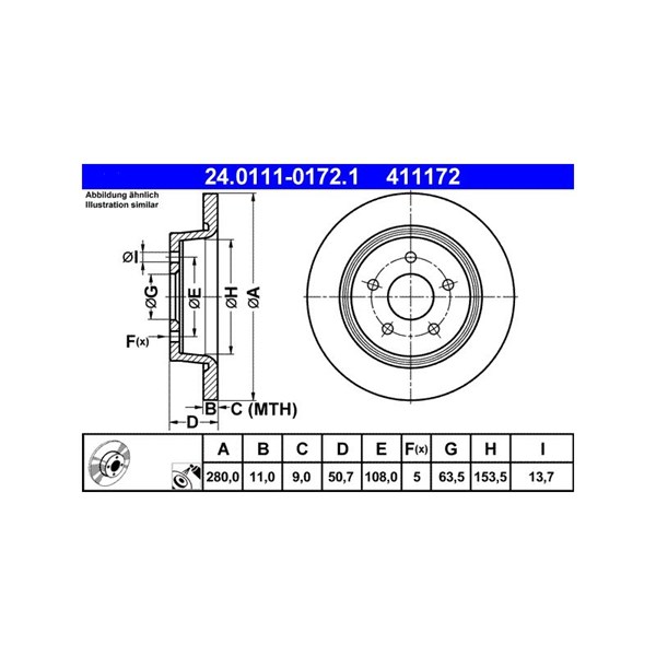Bromsskiva Solid, Bakaxel Ate 24.0111-0172.1 ATE