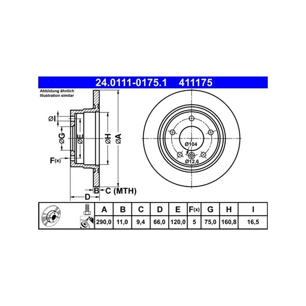 Bromsskiva Solid, Bakaxel Ate 24.0111-0175.1 ATE