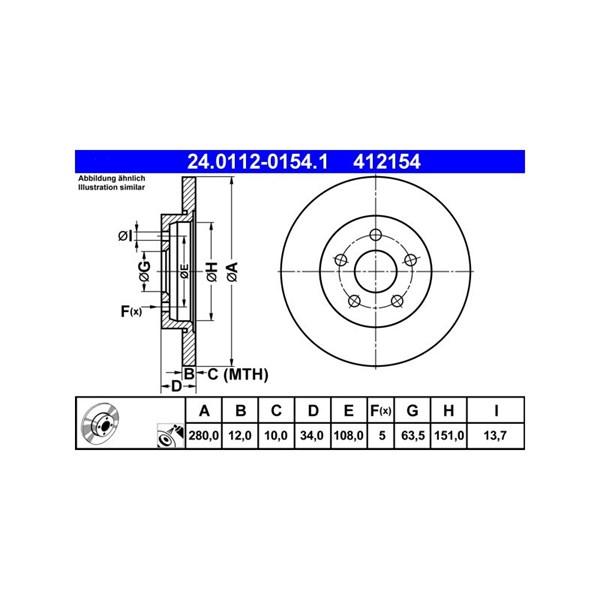 Bromsskiva Solid, Bakaxel Ate 24.0112-0154.1 ATE