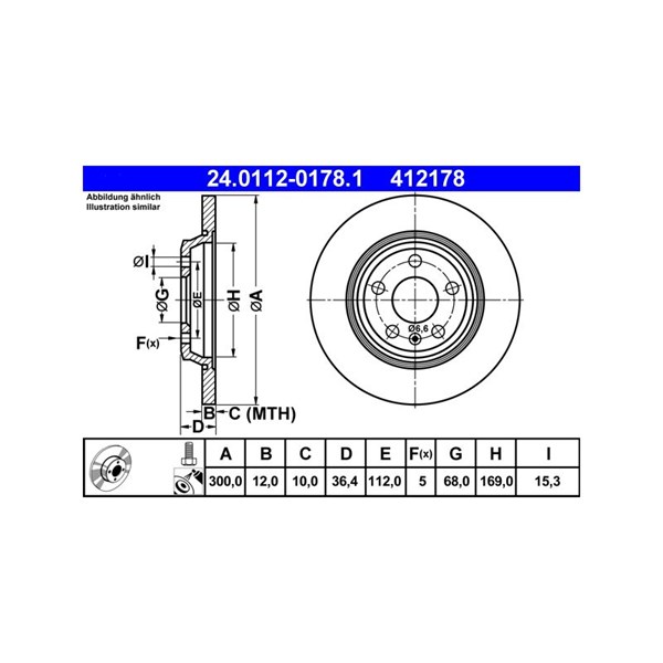 Bromsskiva Solid, Bakaxel Ate 24.0112-0178.1 ATE
