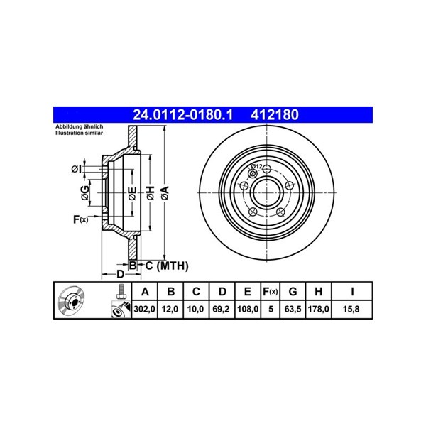 Bromsskiva Solid, Bakaxel Ate 24.0112-0180.1 ATE