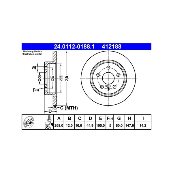 Bromsskiva Solid, Bakaxel Ate 24.0112-0188.1 ATE