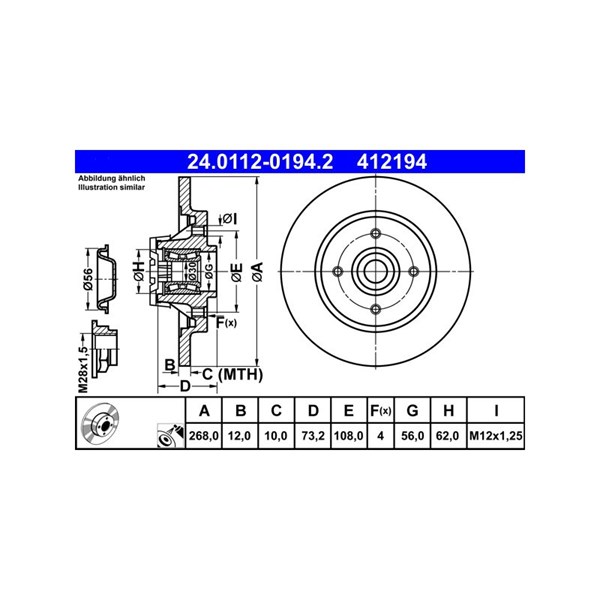 Bromsskiva Solid, Bakaxel Ate 24.0112-0194.2 ATE