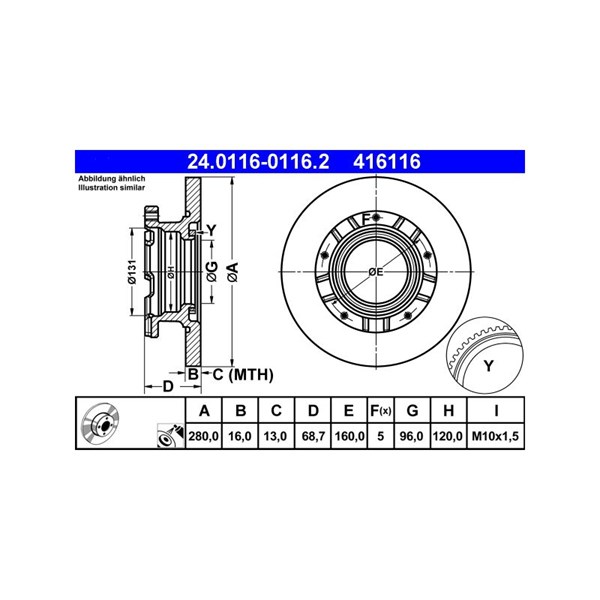 Bromsskiva Solid, Bakaxel Ate 24.0116-0116.2 ATE