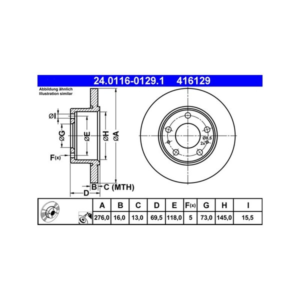 Bromsskiva Solid, Bakaxel Ate 24.0116-0129.1 ATE