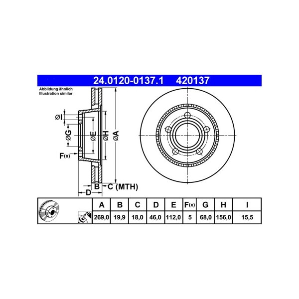 Bromsskiva Ventilerad, Bakaxel Ate 24.0120-0137.1 ATE