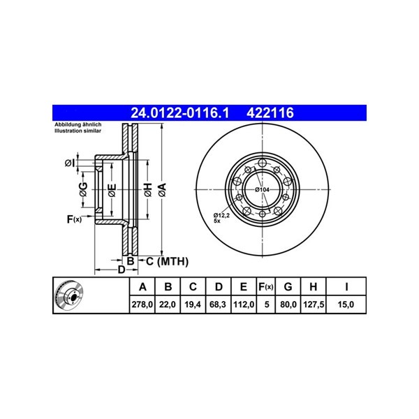 Bromsskiva Ventilerad, Framaxel Ate 24.0122-0116.1 ATE Bromsskiva Ventilerad, Framaxel Ate 24.0122-0116.1 ATE