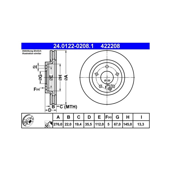 Bromsskiva Ventilerad, Framaxel Ate 24.0122-0208.1 ATE Bromsskiva Ventilerad, Framaxel Ate 24.0122-0208.1 ATE