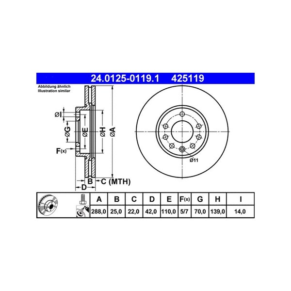 Bromsskiva Ventilerad, Bakaxel, Framaxel Ate 24.0125-0119.1 ATE