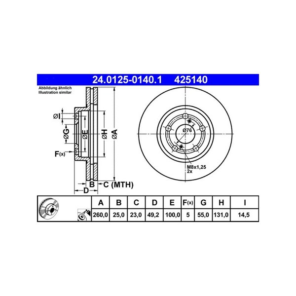 Bromsskiva Ventilerad, Framaxel Ate 24.0125-0140.1 ATE Bromsskiva Ventilerad, Framaxel Ate 24.0125-0140.1 ATE