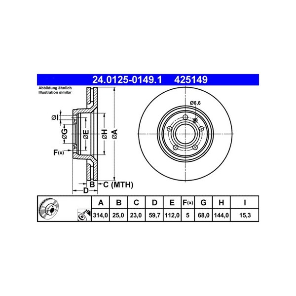 Bromsskiva Ventilerad, Framaxel Ate 24.0125-0149.1 ATE Bromsskiva Ventilerad, Framaxel Ate 24.0125-0149.1 ATE