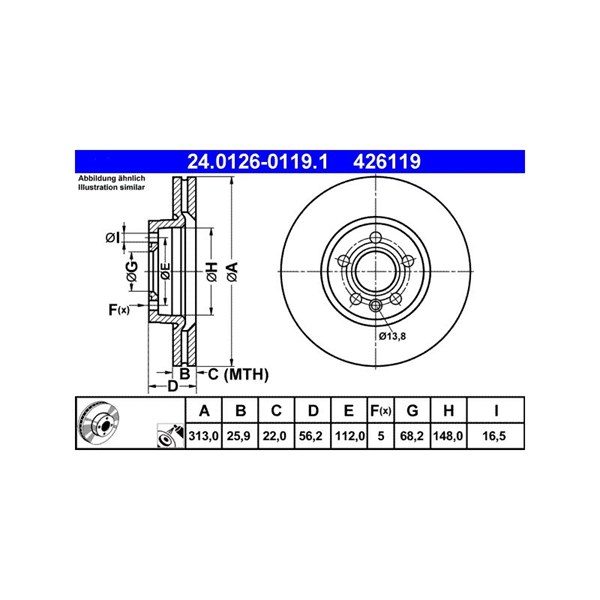 Bromsskiva Ventilerad, Framaxel Ate 24.0126-0119.1 ATE