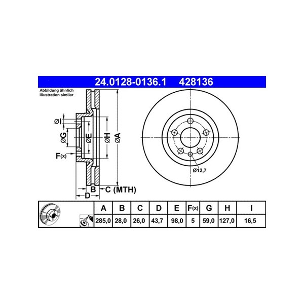 Bromsskiva Ventilerad, Framaxel Ate 24.0128-0136.1 ATE