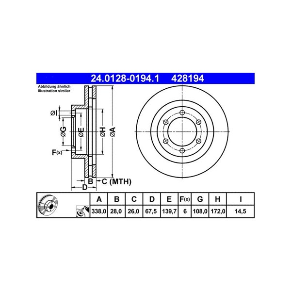 Bromsskiva Ventilerad, Framaxel Ate 24.0128-0194.1 ATE Bromsskiva Ventilerad, Framaxel Ate 24.0128-0194.1 ATE