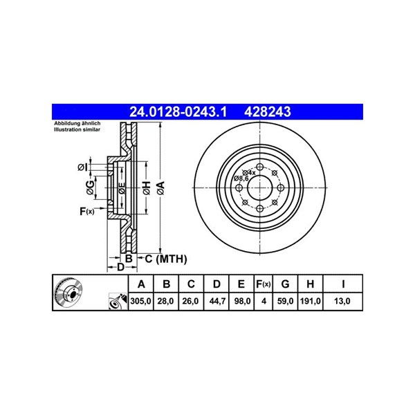 Bromsskiva Ventilerad, Framaxel Ate 24.0128-0243.1 ATE Bromsskiva Ventilerad, Framaxel Ate 24.0128-0243.1 ATE