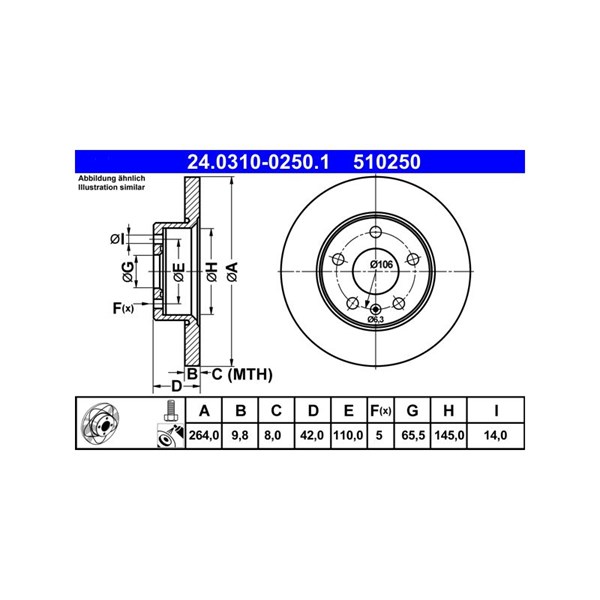 Bromsskiva Solid, Bakaxel Ate Powerdisc 24.0310-0250.1 ATE