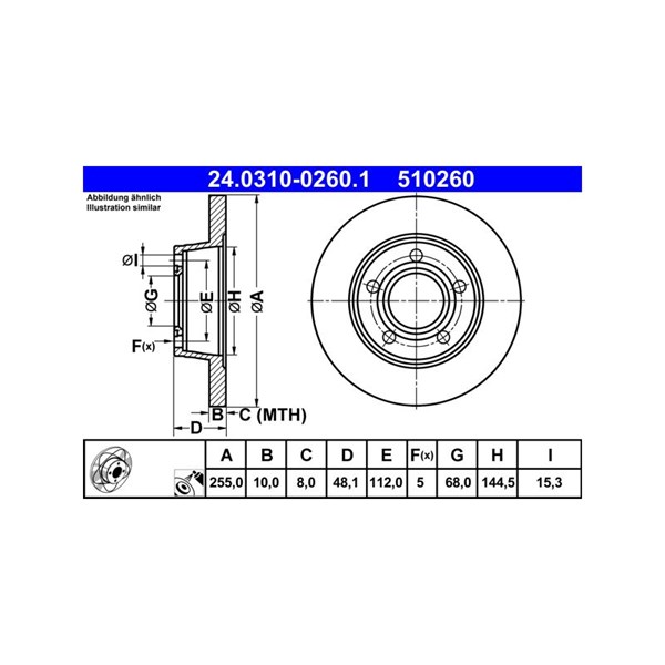 Bromsskiva Solid, Bakaxel Ate Powerdisc 24.0310-0260.1 ATE Bromsskiva Solid, Bakaxel Ate Powerdisc 24.0310-0260.1 ATE