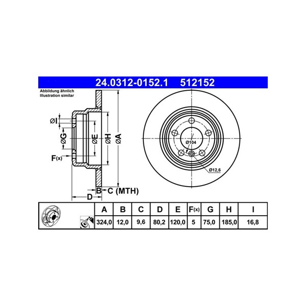 Bromsskiva Solid, Bakaxel Ate Powerdisc 24.0312-0152.1 ATE Bromsskiva Solid, Bakaxel Ate Powerdisc 24.0312-0152.1 ATE
