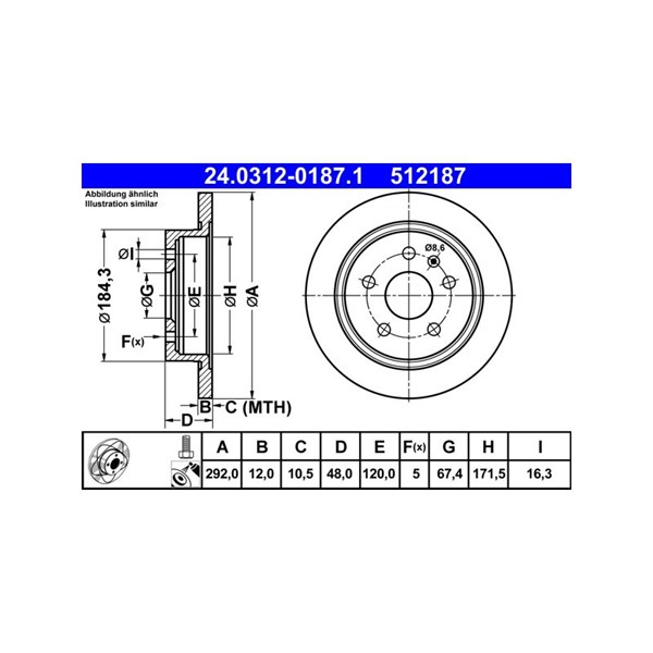 Bromsskiva Solid, Bakaxel Ate Powerdisc 24.0312-0187.1 ATE Bromsskiva Solid, Bakaxel Ate Powerdisc 24.0312-0187.1 ATE