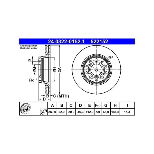 Bromsskiva Ventilerad, Framaxel Ate Powerdisc 24.0322-0152.1 ATE