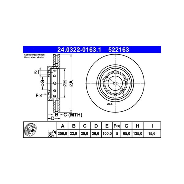 Bromsskiva Ventilerad, Bakaxel Ate Powerdisc 24.0322-0163.1 ATE