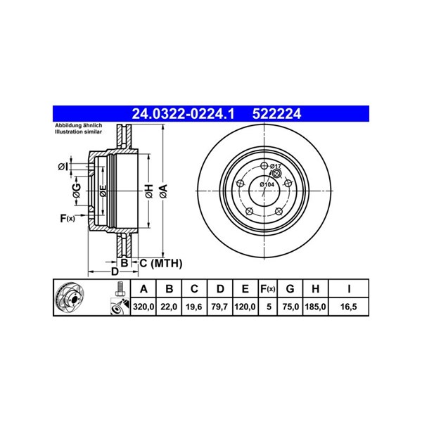 Bromsskiva Ventilerad, Bakaxel Ate Powerdisc 24.0322-0224.1 ATE