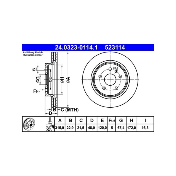 Bromsskiva Ventilerad, Bakaxel Ate Powerdisc 24.0323-0114.1 ATE