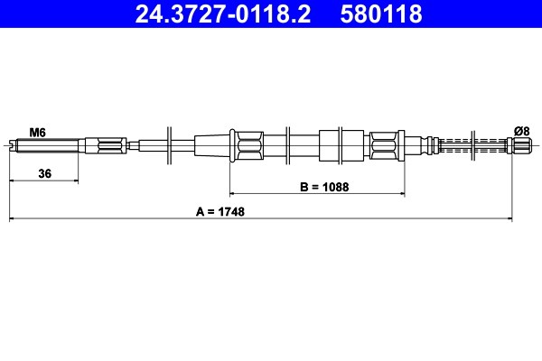 Vajer, parkeringsbroms, Bak Ate 24.3727-0118.2 ATE