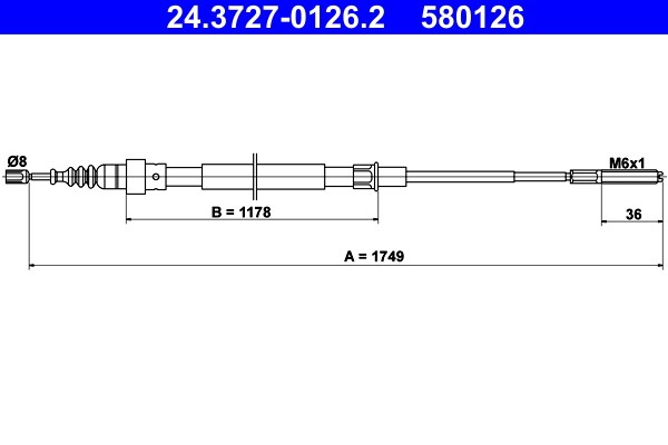 Vajer, parkeringsbroms, Bak Ate 24.3727-0126.2 ATE