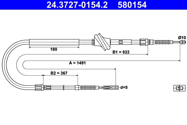 Vajer, parkeringsbroms, Bak Ate 24.3727-0154.2 ATE